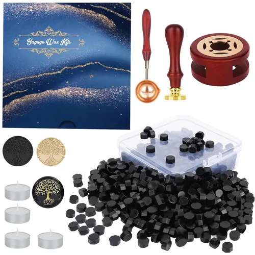 Juego de sello de cera con 357 piezas, con cuentas de cera, sello, calentador, cuchara, velas para sobres y cartas vintage (Negro)