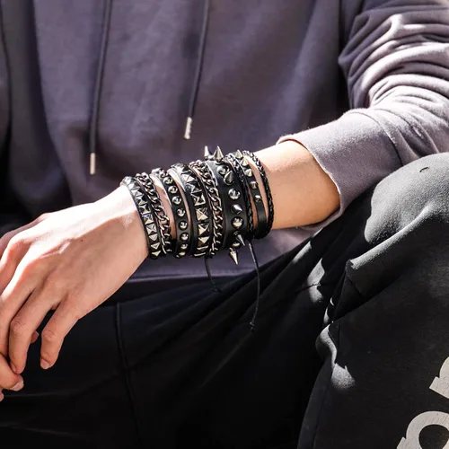Miniatura 3 de Eigso Pulseras de cuero punk rock para hombres y mujeres, estilo retro, vintage, cadena de los años 80, para hombre y mujer
