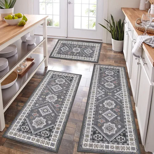 Miniatura 38 de HEBE - Juego de alfombras de cocina bohemias de 3 piezas con corredor, alfombras de cocina antideslizantes y tapetes lavables para piso de cocina