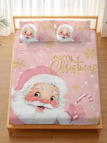 Miniatura 7 de Juego de sábanas bajeras de tamaño Queen de 5 a 16 pulgadas de profundidad, lindo Papá Noel, suave sábana bajera de copo de nieve y lunares sobre