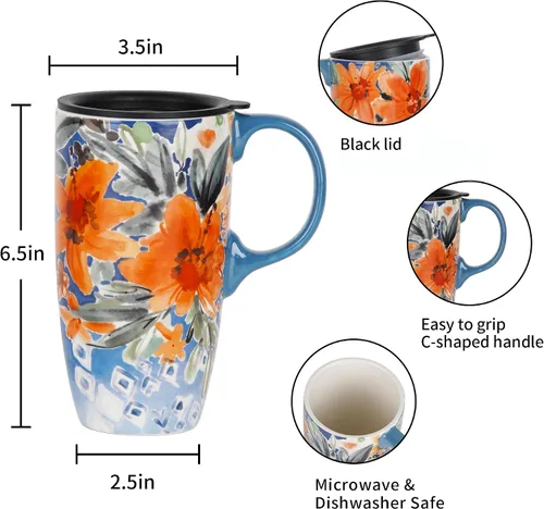 Miniatura 5 de Topadorn Taza de café de cerámica de 17 onzas con tapa y caja de regalo, taza de té de porcelana geométrica floral naranja acuarela, apta