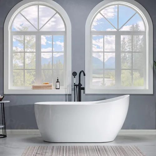 Miniatura 4 de WOODBRIDGE Bañera de acrílico independiente de 59 pulgadas, bañera de remojo contemporánea con desagüe y desbordamiento negro mate B/M