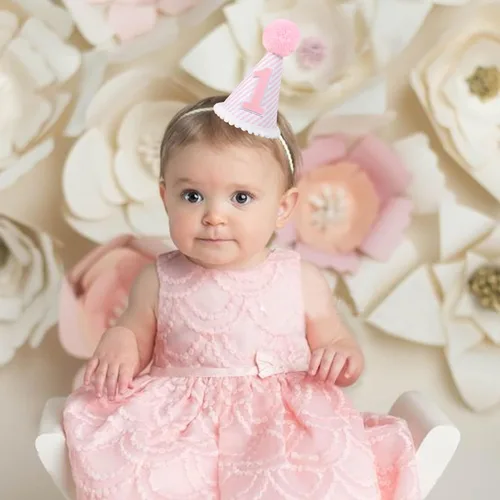 Miniatura 3 de Sombrero de fiesta de primer cumpleaños rosa y blanco - Corona de primer cumpleaños para niña con accesorios para fotos para decoraciones y vestidor