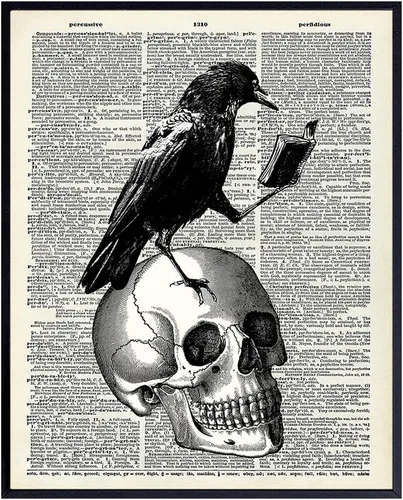 Póster gótico de Edgar Allan Poe The Raven – Arte de pared de calavera vintage hipster de 8 x 10 pulgadas, decoración del hogar o decoración de