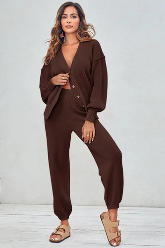Miniatura 6 de MAOECO Conjunto de 2 piezas para mujer, suéter de punto y pantalones deportivos de cintura alta