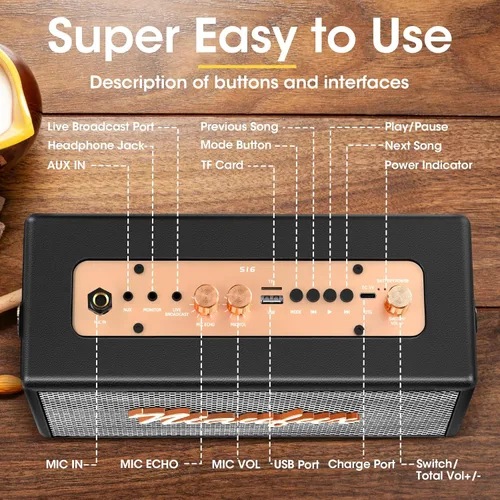 Miniatura 7 de Máquina de karaoke, altavoz de diseño retro con 2 micrófonos inalámbricos para adultos y niños, sistema de karaoke portátil para fiesta en casa