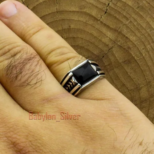Miniatura 5 de Anillo de lujo de plata de ley 925 maciza auténtica, piedra de ónix negro