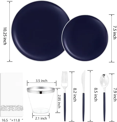 Miniatura 8 de KIRE 175 platos de plástico azul con borde plateado y cubiertos desechables con mango azul y tazas de borde plateado, servilleta de mano y vajilla