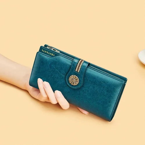 Miniatura 6 de VANNANBA Cartera larga y grande para mujer, de piel encerada con aceite RFID, cartera organizada, Azul eléctrico