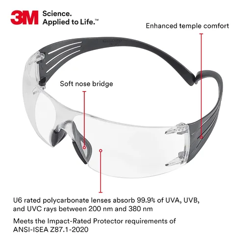 Miniatura 3 de 3M Gafas de seguridad, SecureFit, paquete de 20, ANSI Z87, lente transparente antivaho y marco transparente, patillas flexibles, pómulos altos