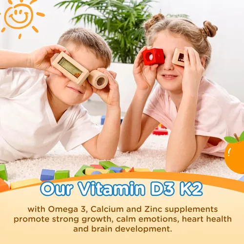 Miniatura 7 de Gotas de vitamina D3 K2 para niños, suplemento líquido con calcio, Omega 3, zinc, vitamina D3 K2 para absorción de calcio huesos saludables