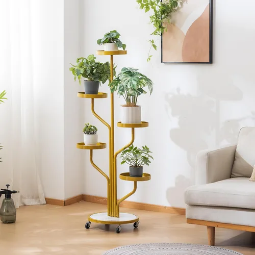 Miniatura 7 de CHPHI Soporte para plantas de hierro forjado de 4 niveles para interiores, estante alto de metal para múltiples plantas, soporte de metal con ruedas