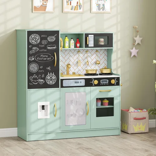 Costzon Juego de cocina para niños, juego de juguetes de cocina de chef de madera grande con sonidos y luces reales, microondas, pizarra, horno,