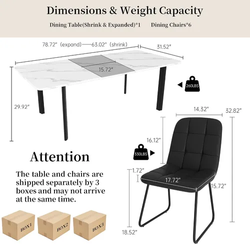 Miniatura 2 de HIPIHOM Juego de mesa de comedor extensible para 6-8 personas, mesa de cocina MDF de 63 a 78.7 pulgadas con 6 sillas tapizadas, ahorro de espacio