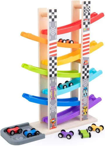 Miniatura 9 de Wood City Set de Juguetes de Rampa y Carrera de Coches de Madera con 4 Coches en Miniatura y Pistas de Carrera, Juguetes para Niños de 1, 2, 3 Años