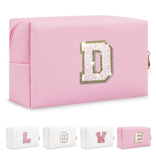 Miniatura 101 de Pequeña bolsa de maquillaje personalizada con inicial A-Z Preppy Patch, bolsa de cosméticos de viaje de felpilla blanca con cremallera, bonita bolsa