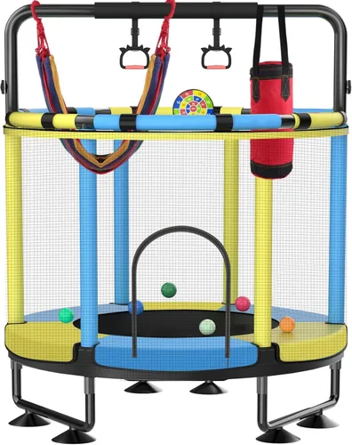 Miniatura 8 de Trampolín para niños, cama elástica completa antioxidante de 440 libras para interiores y exteriores con red, trampolín ajustable de 55 pulgadas