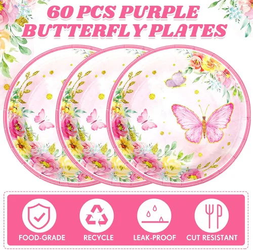 Miniatura 3 de Zopeal 60 platos de papel de mariposa primaveral a granel de 9 pulgadas con flores rosas florales desechables para tartas de postre, decorativos