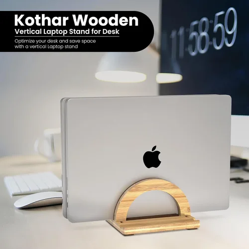 Miniatura 9 de Kothar Soporte vertical de madera prémium para laptop, soporte de bambú ajustable de doble ranura para MacBook, Dell, HP y más Organizador