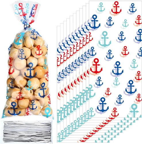 Miniatura 7 de Blulu 100 bolsas de celofán con anclajes náuticos, regalo de fiesta, bolsas de golosinas náuticas sellables con 100 lazos de regalo para cruceros