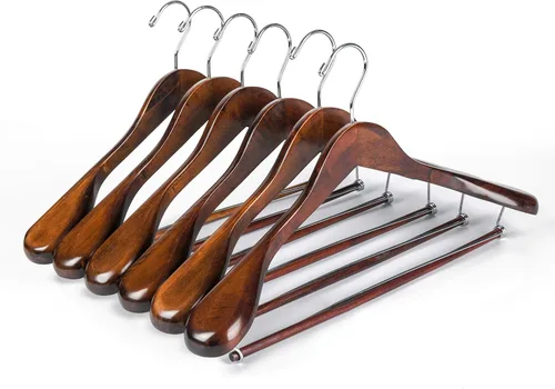 Perchas de madera de lujo para hombros anchos, paquete de 6, con barra de bloqueo, acabado retro liso, percha de madera para traje y abrigo para