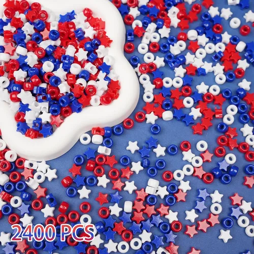 Miniatura 6 de 2400Pcs Red White and Blue Pony Beads (6x9mm), Plastic Independence Day Star Beads for DIY Crafts Making, 4th of July Large Hole Pony Beads Bulk