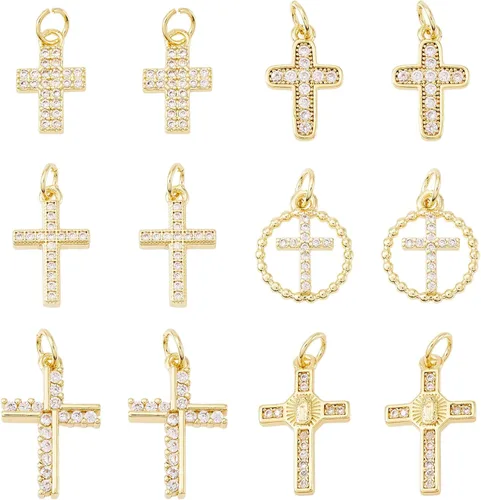 Pandahall - 12 dijes de cruz chapados en oro de 18 quilates, circonita cúbica, colgantes pequeños religiosos con anillos de salto para hacer joyas