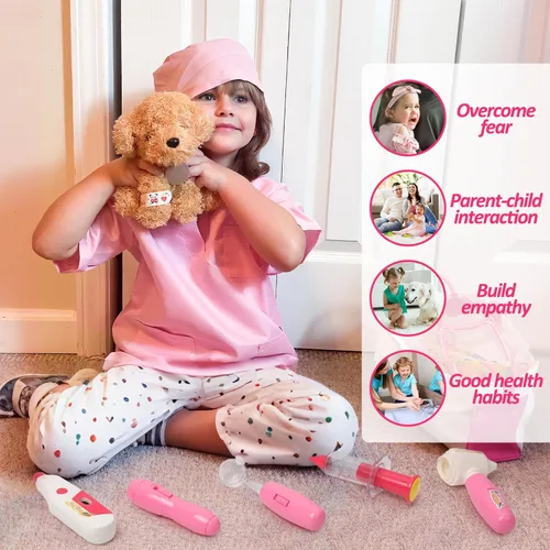 Miniatura 4 de Liberry Kit de médico para niños pequeños de 3, 4, 5, 6, 26 piezas, juego de médico con juguete para perro, estetoscopio y disfraz de disfraz, Rosa