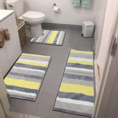 Miniatura 13 de Vaukki Juego de 2 alfombras de baño suaves de lujo, antideslizantes, lavables, de felpa, peludas, absorbentes, a rayas, para bañera, baño y ducha