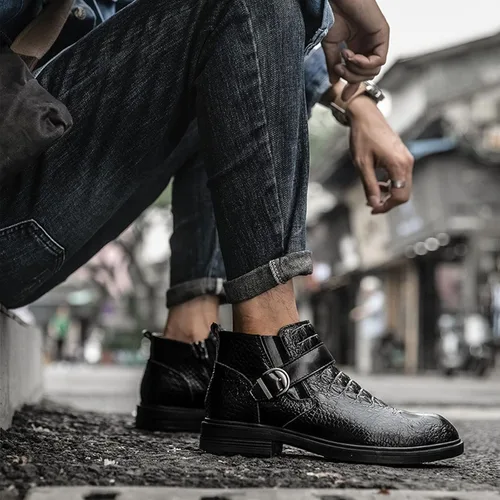 Miniatura 5 de Botas de cuero genuino con estampado para hombre, para otoño e invierno, de alta altura, con correa estilo Bukle
