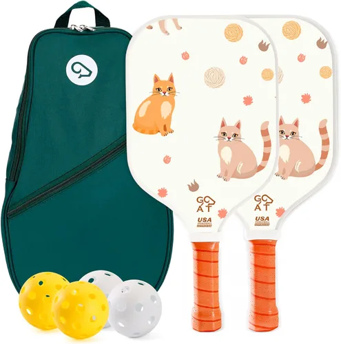 Miniatura 9 de Juego de 2 palas de pickleball Goat, incluye 4 bolas para interiores y exteriores y bolsa de viaje, juego de raquetas de pickleball de fibra de Verde