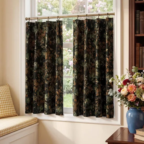 StangH Cortinas plisadas de terciopelo negro de 24 pulgadas, cortinas vintage con estampado floral para ventana de cocina, filtrado de luz,