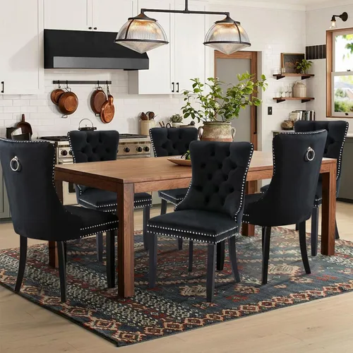 Miniatura 119 de Juego de 2 sillas de comedor tapizadas de terciopelo, sillas laterales de cocina de estilo moderno con ribete de cabeza de clavo y patas de madera