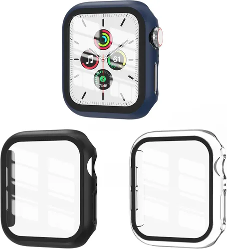 Juego de 3 fundas compatibles con Apple Watch SE 3 Series 6/5/4 de 44 mm con protector de pantalla de vidrio templado, cubierta protectora