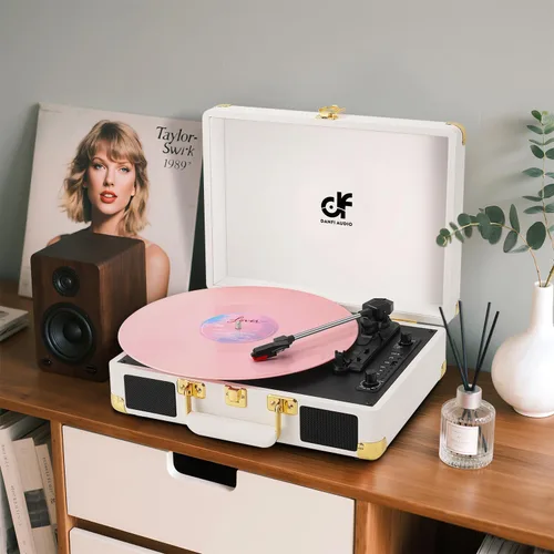 Miniatura 5 de Tocadiscos de vinilo Bluetooth, tocadiscos portátil vintage de 3 velocidades con 2 altavoces integrados, grabación USB, tocadiscos para Blanco