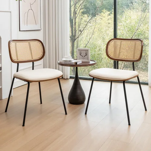 Miniatura 7 de Juego de 2 sillas de comedor de ratán, sillas de comedor modernas de mediados de siglo con respaldo de caña para cocina y comedor, tela de 19 beige