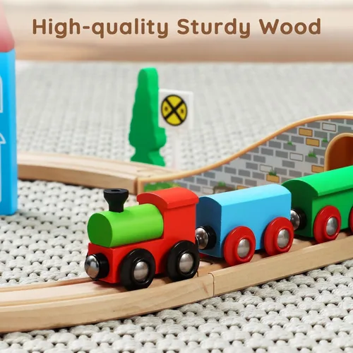 Miniatura 2 de SainSmart Jr. Juego de tren de madera para niños pequeños con vías de tren de doble cara para Brio, Thomas, Melissa y Doug, tren de juguete