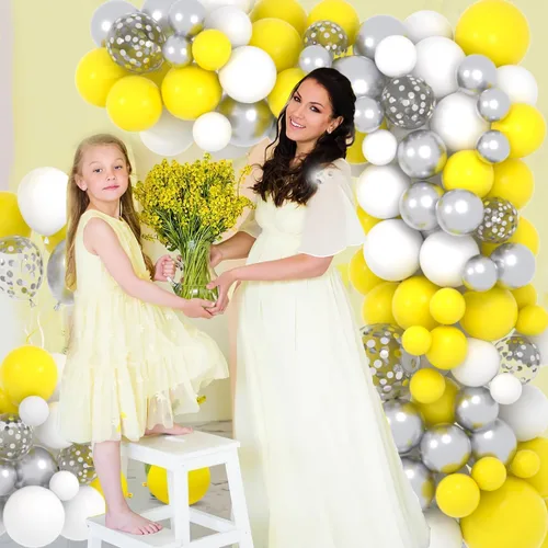 Miniatura 2 de Kit de guirnalda de globos amarillos y blancos, 122 globos blancos y amarillos, globos de confeti plateados metálicos para parrillas de limón