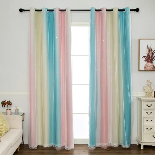 Miniatura 8 de vctops Cortinas opacas con diseño de rayas degradadas para ventana, de doble capa, de tul, cortinas recortadas con estrellas para dormitorio de Azul