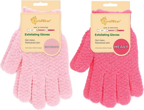 Evridwear Guantes exfoliantes para baño pesados y moderados, color rosa, 2 pares
