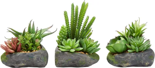 Miniatura 6 de Pure Garden Plantas suculentas artificiales, juego de arreglos de 3 piezas en macetas de piedra sintética y varios tamaños, vegetación realista