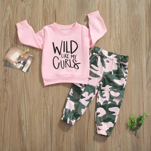 Miniatura 22 de Mandizy Conjunto de ropa de otoño para bebé niña pequeña, sudadera de manga larga con estampado de letras bendecidas, pantalones de camuflaje
