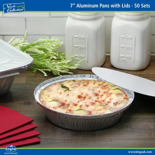 Miniatura 3 de Nicole Home Collection Sartenes de aluminio 7” Redondas desechables con tapas de papel de aluminio (paquete de 50) – Sartenes desechables redondas