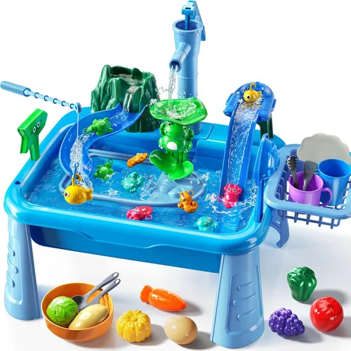 JUKUDAHU Mesa de Agua y Fregadero de Juego para Niños de 2, 3, 4, 5, 6 Años de Edad - Cocina al Aire Libre con Agua Corriente, Juegos de Pesca, Mesa