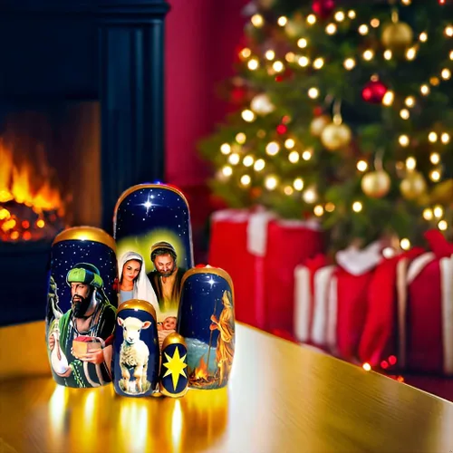 Miniatura 8 de Muñecas de madera coleccionables de larga duración hechas a mano, de madera, de 5 piezas, con escenas originales de Navidad en cada muñeca