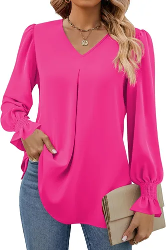 Miniatura 6 de Funlingo Blusas de mujer con mangas largas 2025, elegantes y casuales, con cuello en V, túnica suelta de gasa para el trabajo