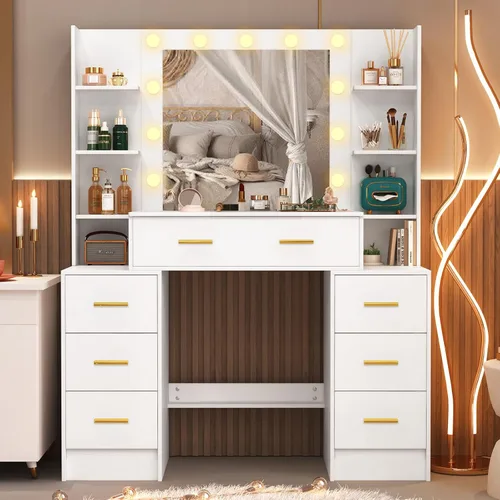 Miniatura 11 de Espejo de tocador con luces, escritorio y silla, 5 cajones y gabinete, mesa de maquillaje con espejo grande HD, 3 modos de iluminación, mesa