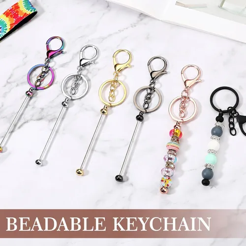 Miniatura 2 de Huwena 6 piezas de llaveros con cuentas, barras en blanco, llavero de cuentas de metal para colgante, manualidades, joyería, regalo Varios