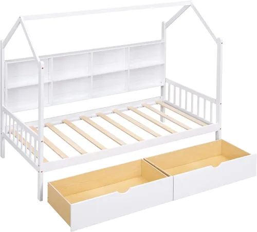Miniatura 5 de SOFTSEA Cama de casa de tamaño individual para niños, sofá cama de madera con cajones de almacenamiento, marco de cama individual con estantería