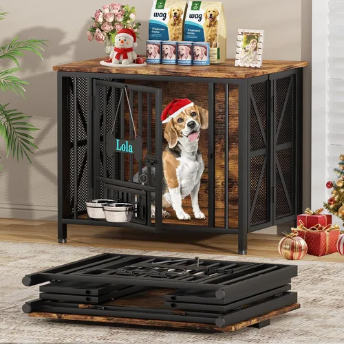 Miniatura 11 de EasyCom Muebles de Jaula Plegable Grande para Perros, 41.3" Jaulas Sin Montaje para Perros Grandes, Perrera de Madera para Interiores con Etiqueta
